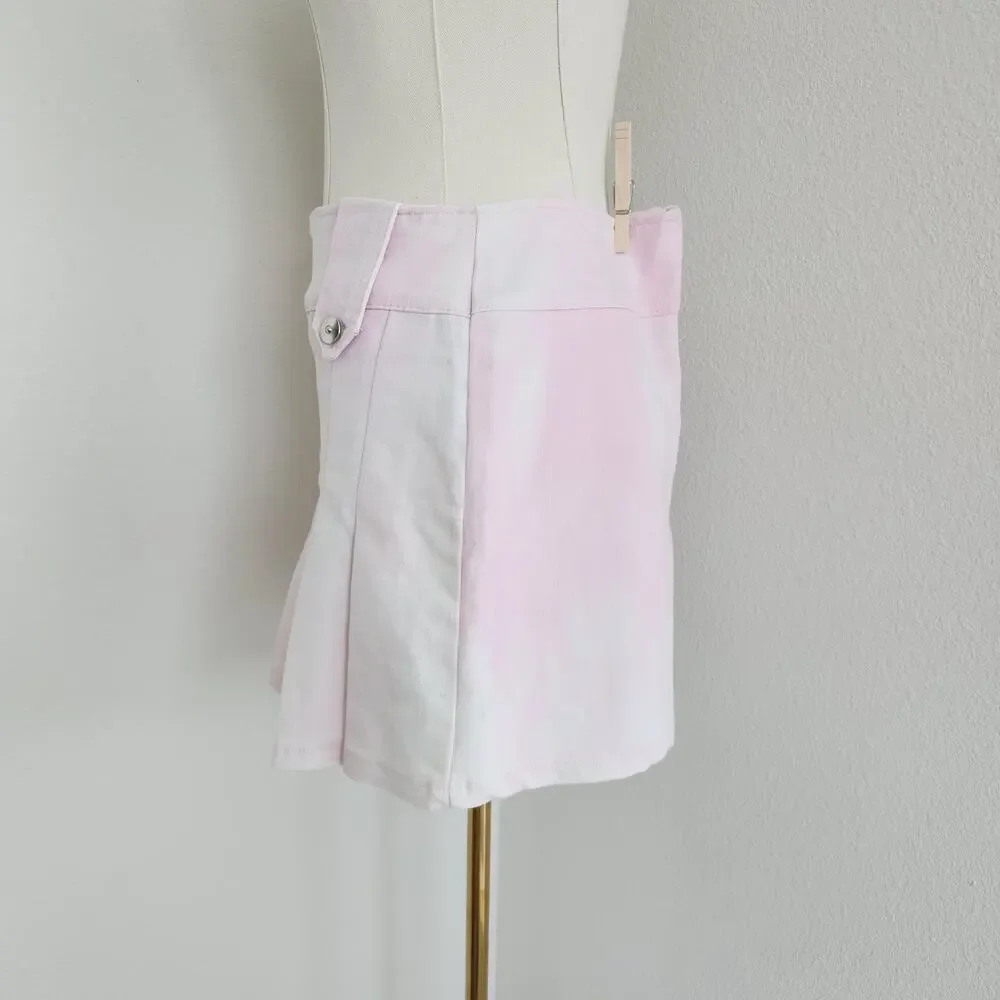 Vintage Y2K Light Pink Tie Dye Pleated Mini Skirt Mid Rise UK Made in England S